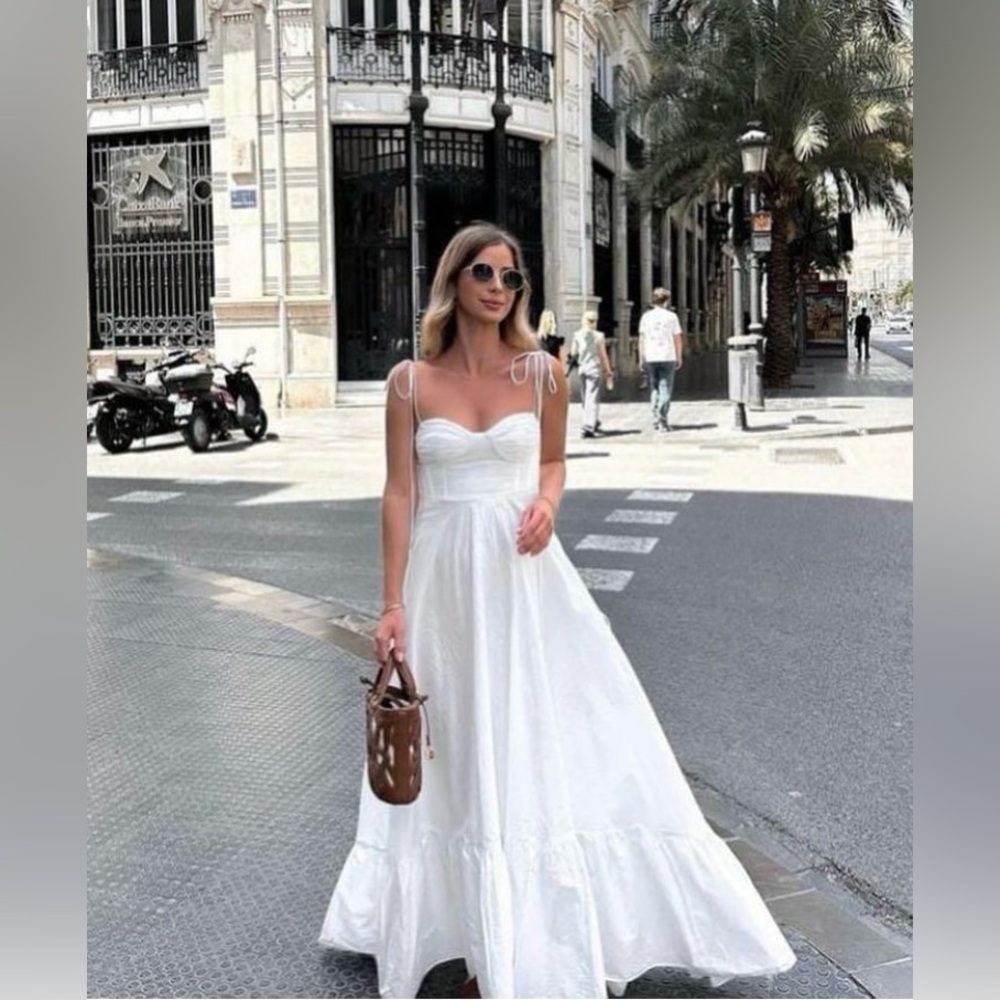 Zara White Tie-Shoulder Maxi Dress
